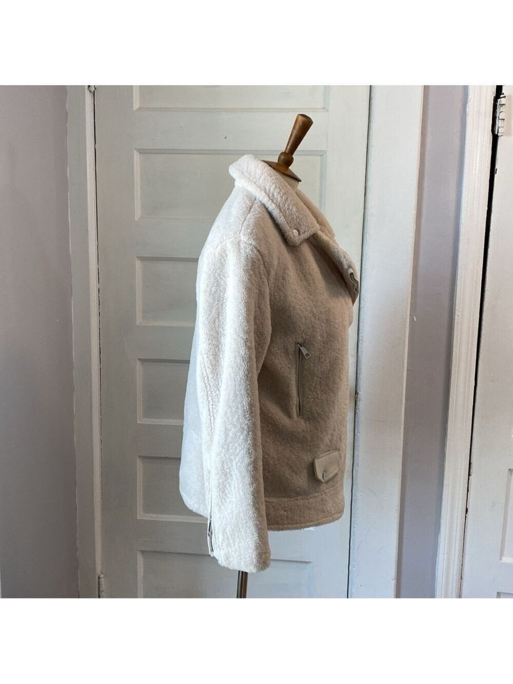 Mango Ivory Faux Shearling Biker Jacket, Size S - Picture 13 of 17